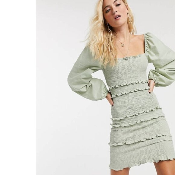 Topshop Green Smocked Long Balloon Sleeve Minidress - Picture 6 of 8